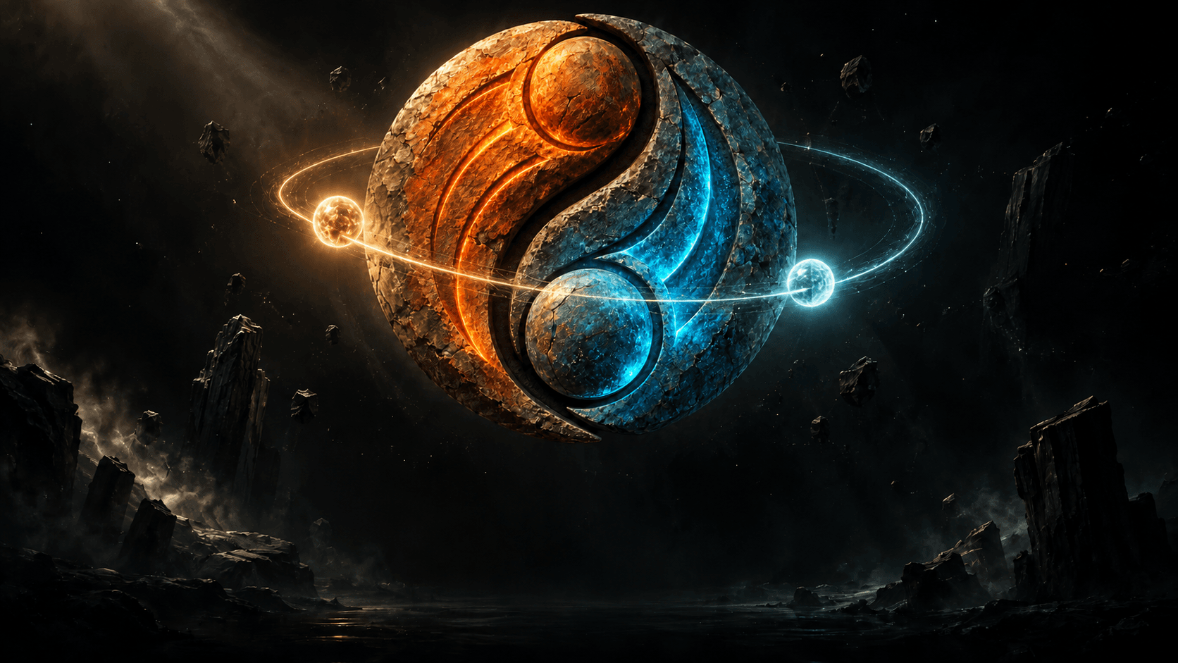 Twin Suns stone yin-yang emblem suspended in a dark cinematic landscape, surrounded by amber and cyan orbital light