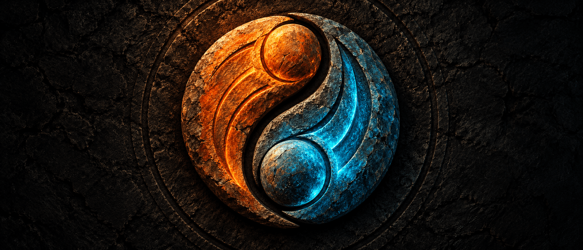Twin Suns: a stone emblem split between a fiery orange sun and an icy blue sun