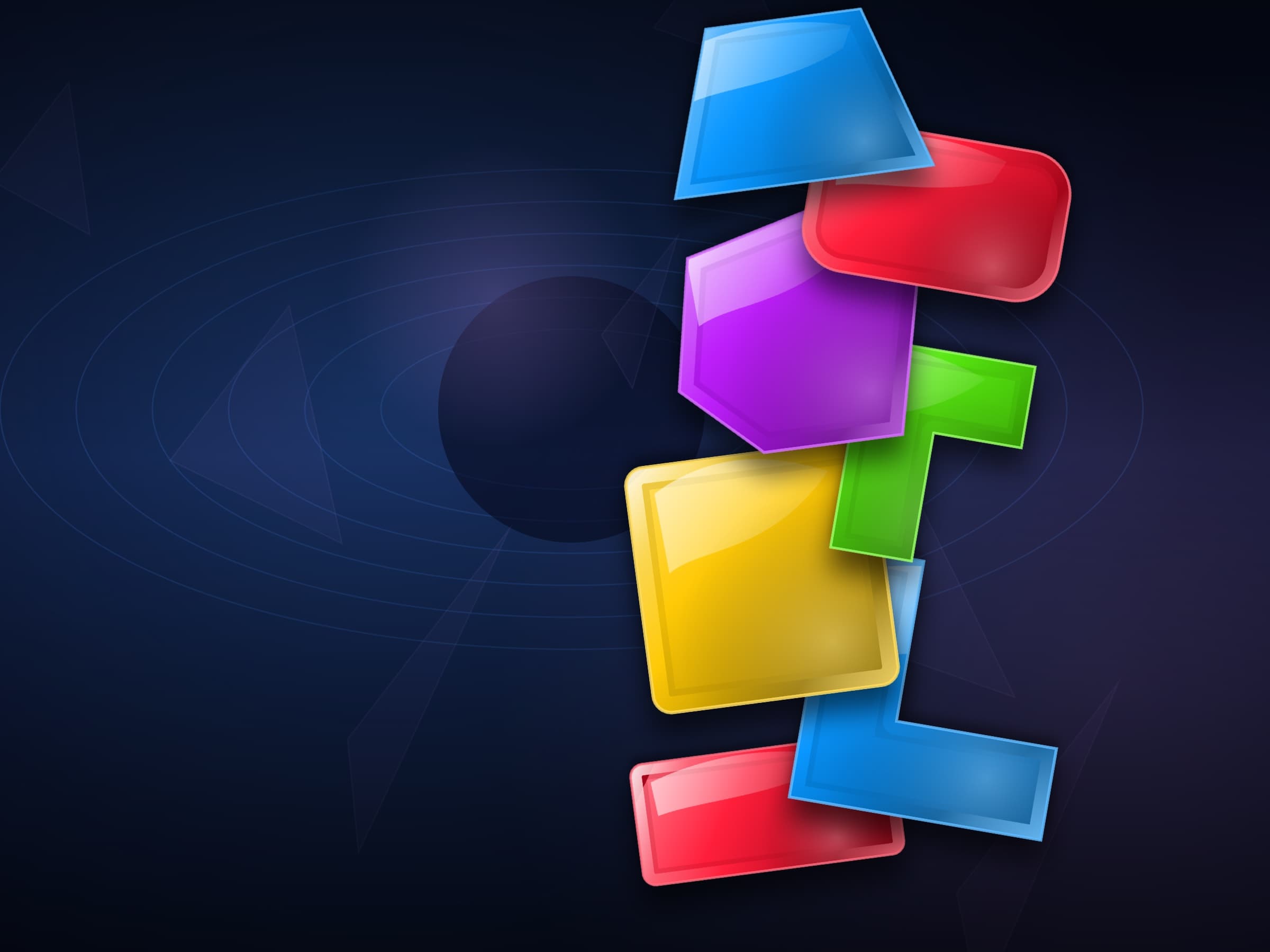 A towering, tilting arrangement of glossy blue, red, yellow, green and violet Wobble pieces