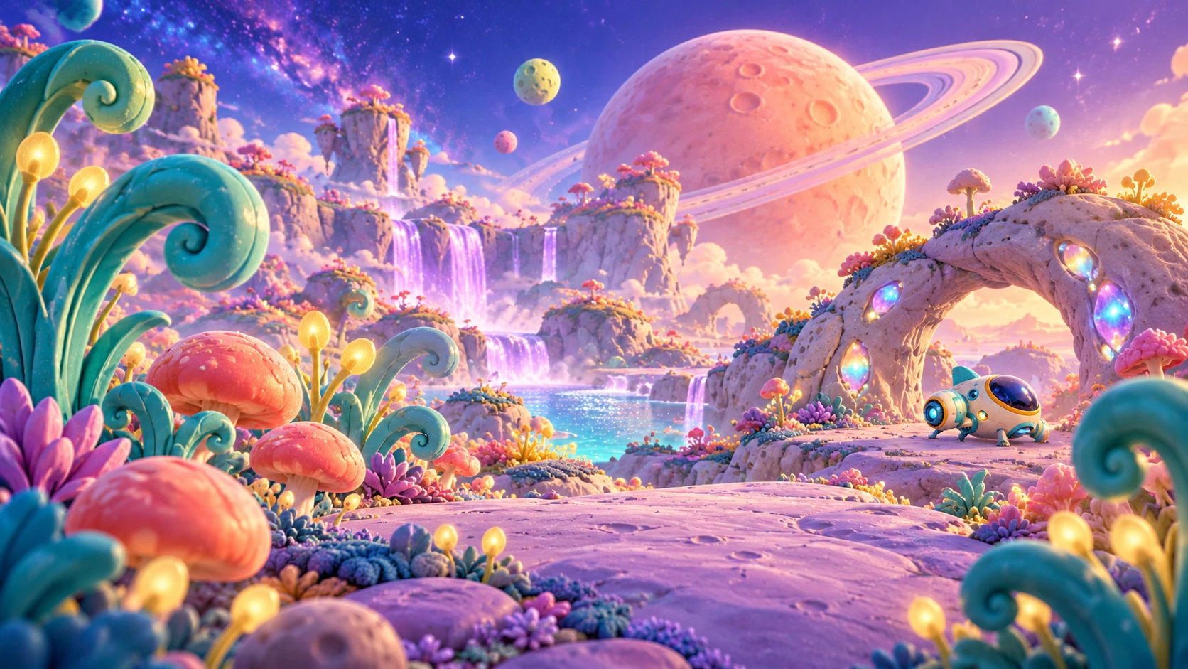 A playful alien garden of turquoise fronds, glowing yellow seed pods and coral mushrooms beneath a ringed moon