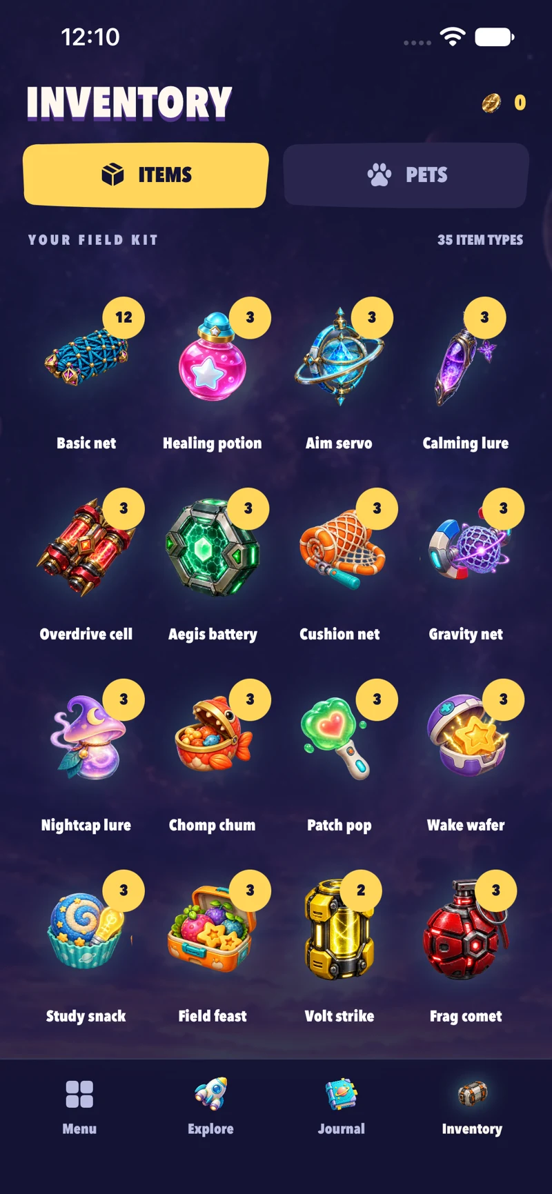 Your owned battle supplies. Actual UNKNOWN game screen.
