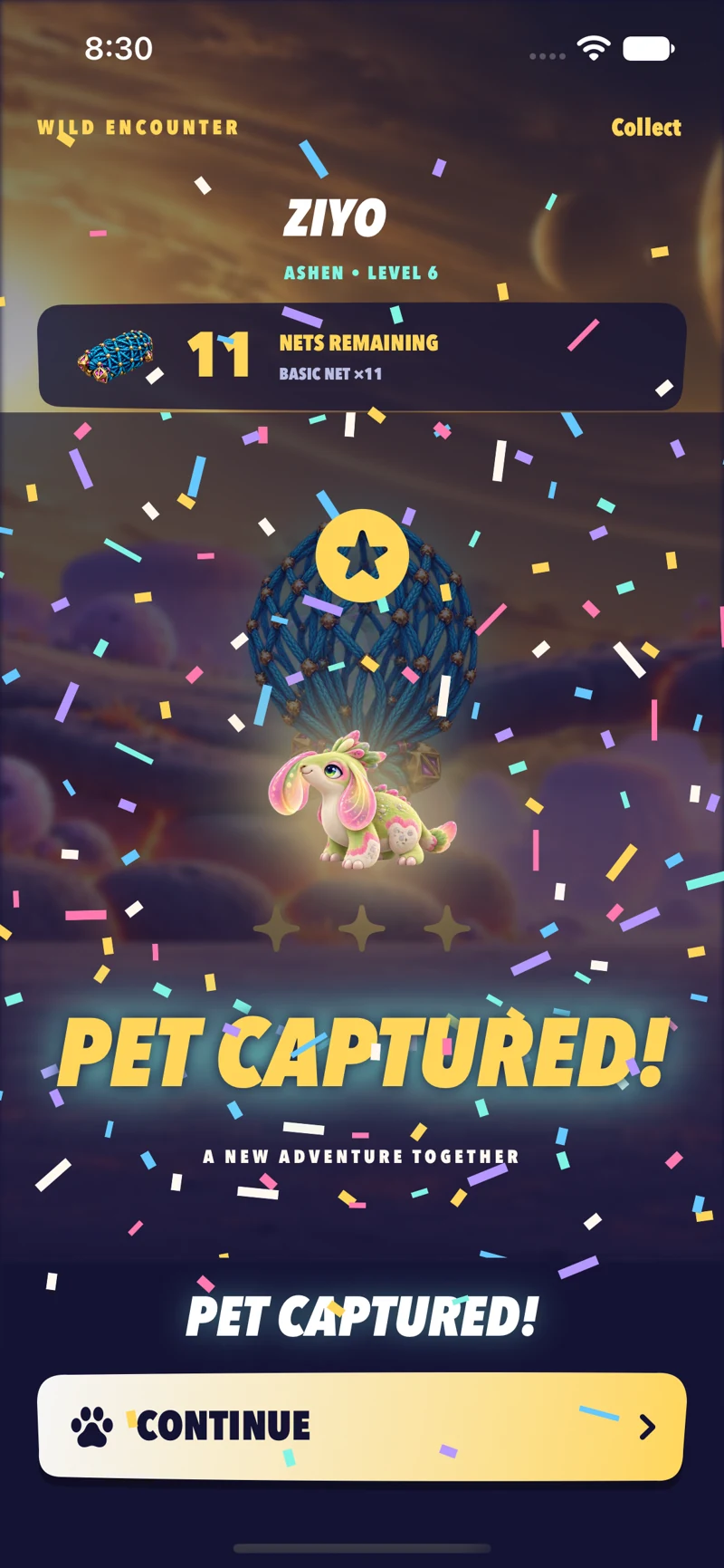 A completed catch. Actual UNKNOWN game screen.