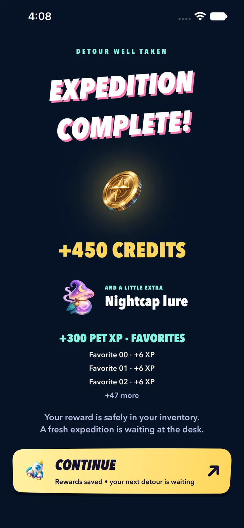 A completed expedition reward screen. Actual UNKNOWN game screen.