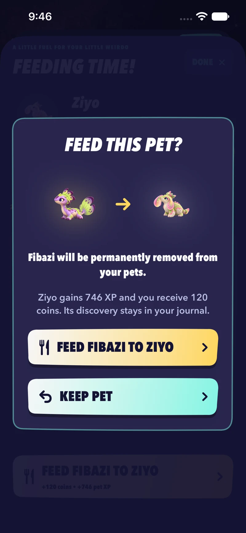 The game asks before removing the food pet. Actual UNKNOWN game screen.