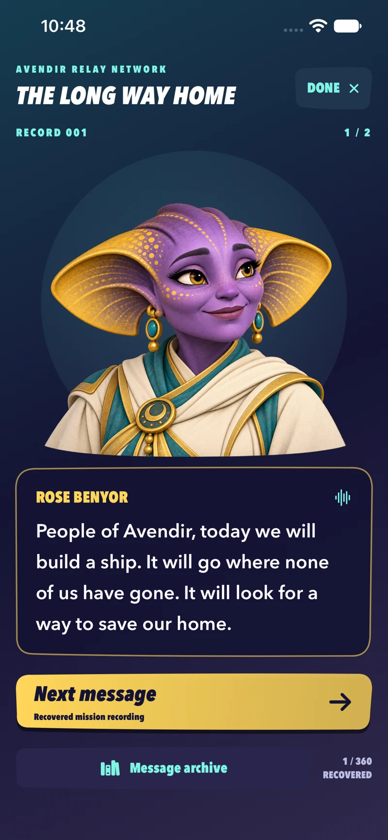 Rose Benyor’s first radio message from Avendir