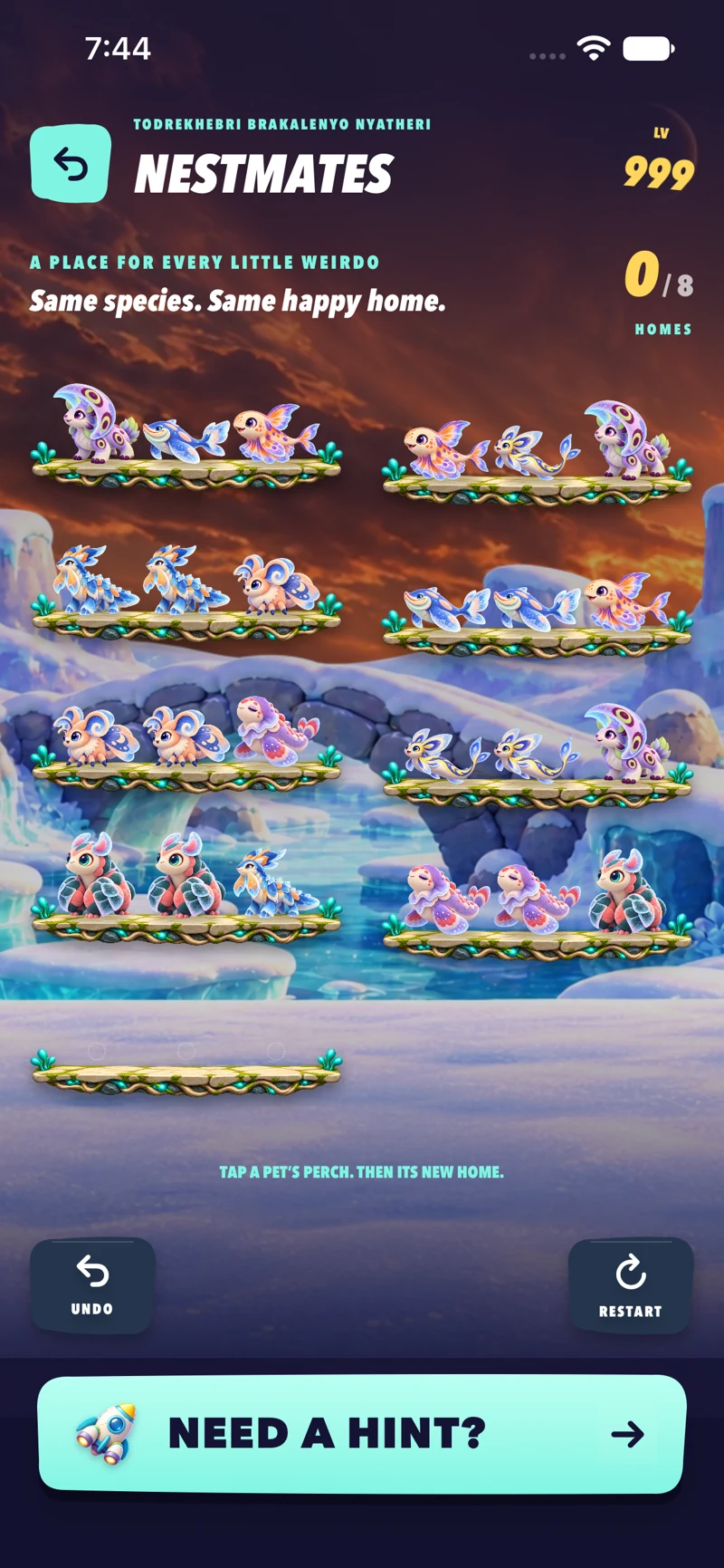 The Nestmates puzzle with colorful creatures sitting on platforms