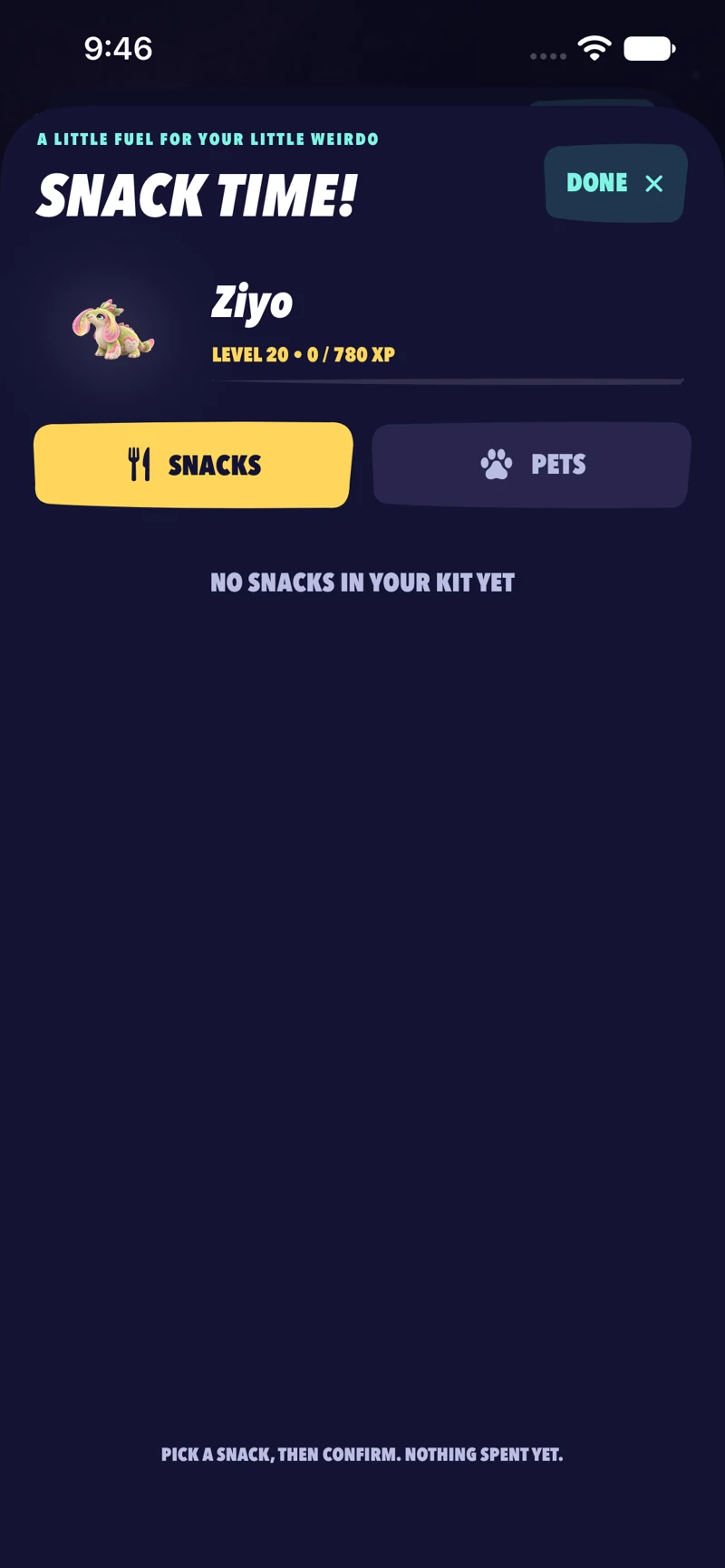 Snacks is the default feed-menu choice. Actual UNKNOWN game screen.